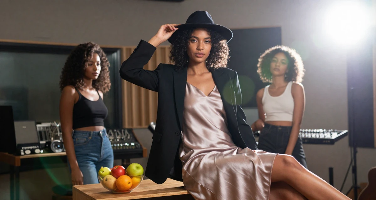 A stoic and strong Female From Gabon, studied oil and gas management in their 20, feeling invincible on a night out with friends, wearing a satin slip skirt paired with a structured blazer, adjusting a hat in a music recording studio.