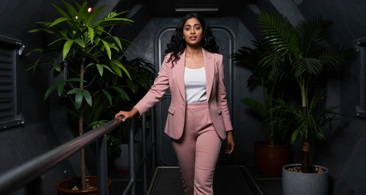 A playful and energetic Female From Sri Lanka, studied digital commerce in their 26, balancing a demanding career with dating life, wearing a tailored pantsuit in pastel pink with a white top, leaning on a railing in a spaceship corridor.