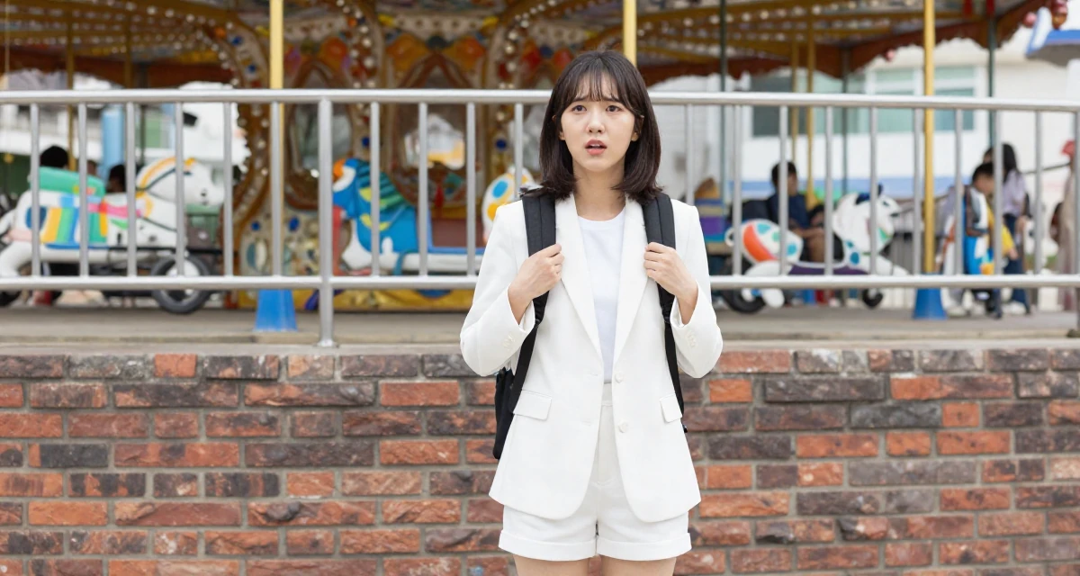A radiant Female From South Korea, based in Busan, graduated from a design institute majoring in visual communication in their 25, worrying about being judged by classmates, wearing a white blazer and matching white shorts, adjusting a backpack strap in a carnival with rides.