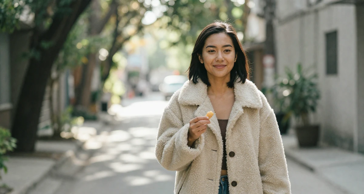 A pleased Female From the Philippines, majored in mass media in their 24, prioritizing mental health over the grind, wearing a warm shearling jacket, holding a snack in a quiet alleyway.