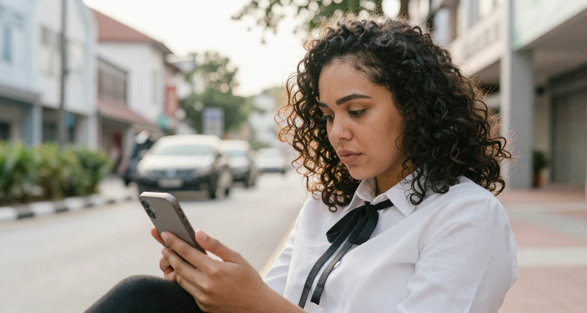 A dazed Female From Malaysia, based in Malacca, graduated from a creative college majoring in sensual composition design in their 30, weighing long-term health against constant digital hustle, wearing a white shirt with a black ribbon tie, humming a tune visually in a urban street.