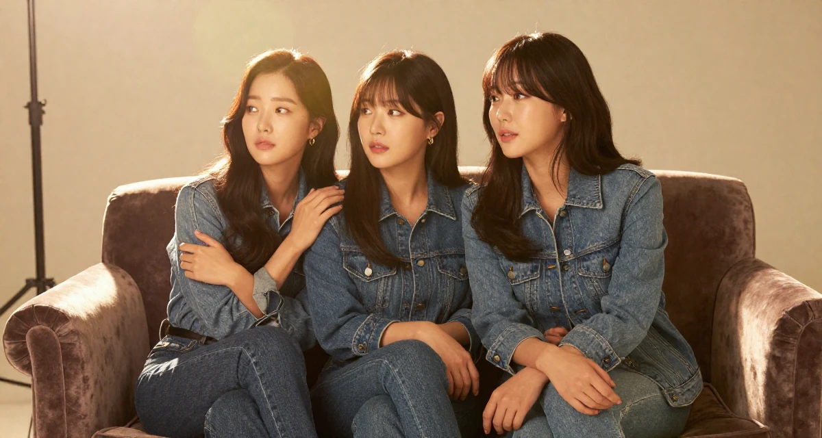 A longing male From South Korea, studied interface design in their 49, celebrating female friendship and support, wearing a fashionable denim on denim, glancing sideways in a basement studio.