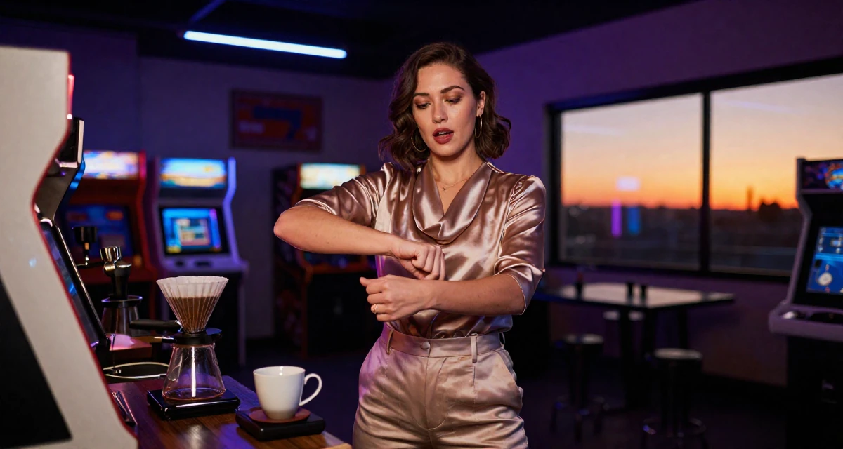 A eager Female From USA, majored in journalism and media studies in their 36, expert in coffee culture and brewing, wearing a satin cowl neck top and tailored shorts, adjusting sleeves in a arcade room with neon lights.