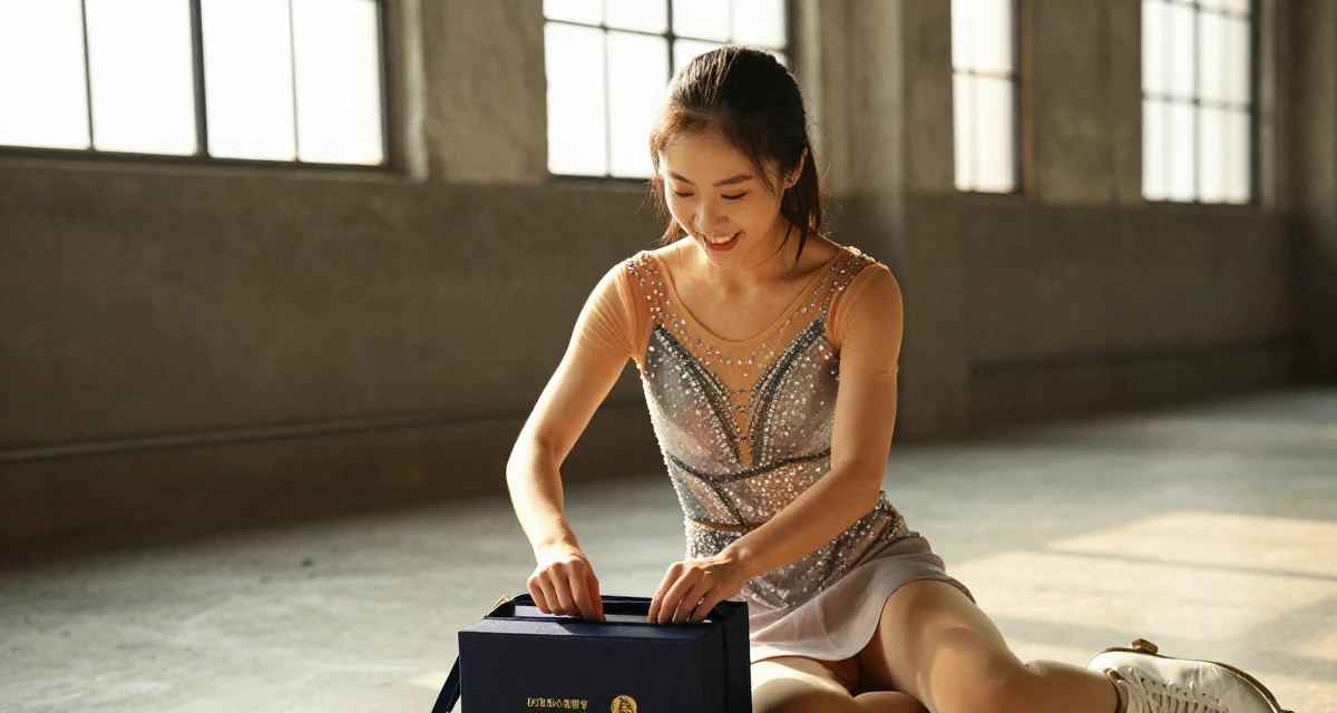 A triumphant Female From Chongqing China, holds a degree in psychology in their 22, choosing bolder themes with more creative direction, wearing a ice skater sparkly dress with sheer sleeves, closing a bag in a industrial loft.