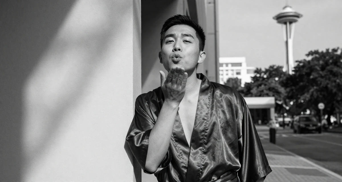 A enigmatic male From Hong Kong, studied digital media arts in their 25, managing early financial independence, wearing a short silk robe tied loosely, blowing a kiss in a university campus.