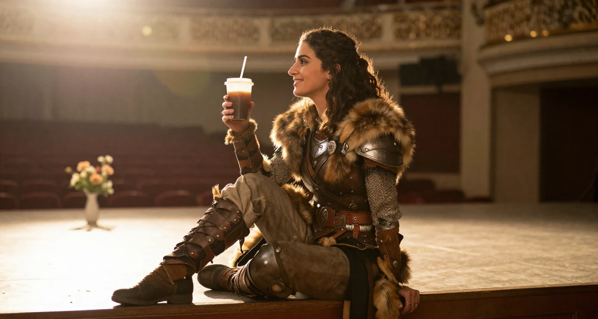 A optimistic Female Born in Iran, majored in multimedia communication in their 22, clutching an iced coffee as a survival tool, wearing a viking shield-maiden outfit with fur and leather, looking out the window in a empty theater stage.