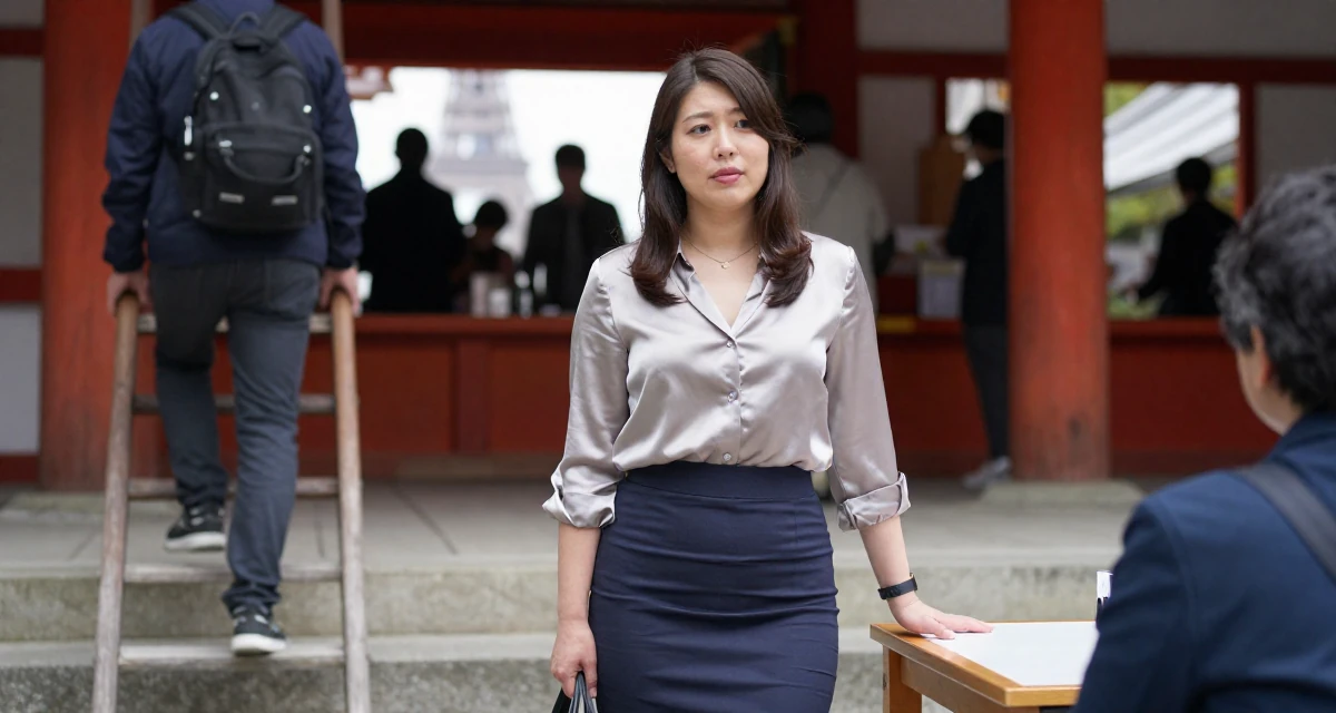 A sympathetic Female From Canada, holds a degree in accounting in their 28, feeling behind while peers climb stable career ladders, wearing a tight pencil skirt and a tucked-in silk blouse, resting hands on a table in a Japanese Shinto shrine.