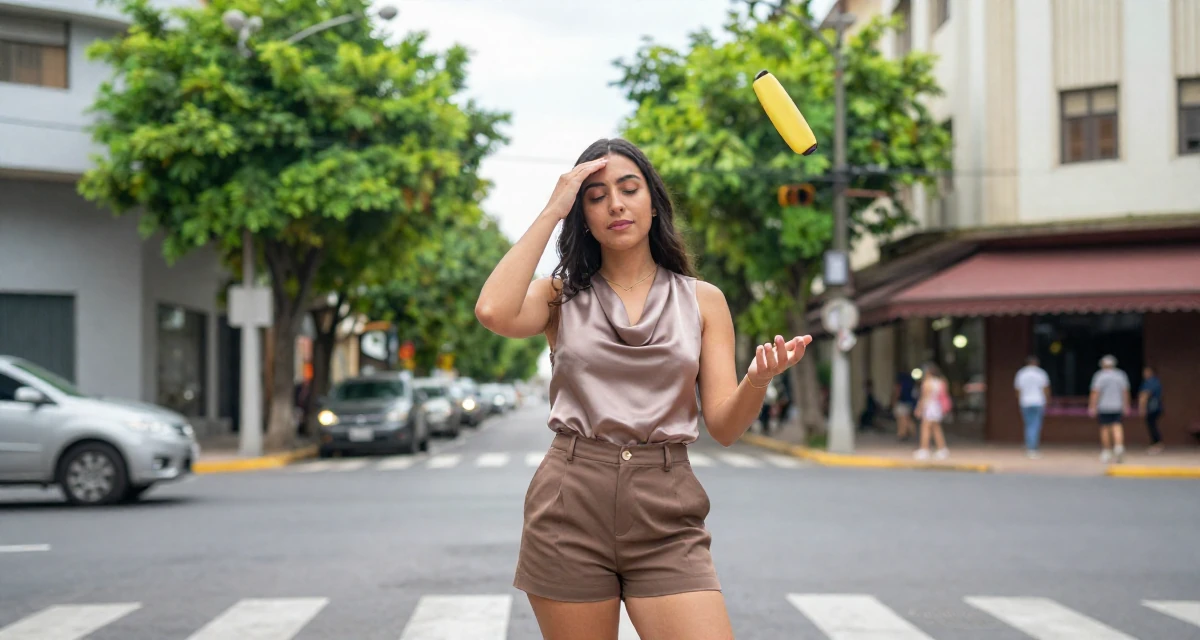 A serene Female From Mexico, majored in global trade in their 26, juggling real-life chaos with online expectations, wearing a satin cowl neck top and tailored shorts, resting a hand on the forehead in a busy crosswalk.