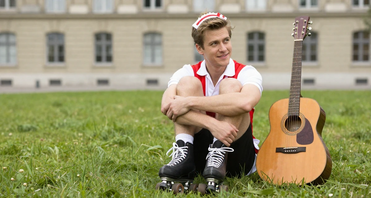 A grateful male From Switzerland, studied finance and banking in their 21, full of rebellious spirit and curiosity, wearing a retro 50s diner waitress uniform with roller skates, glancing sideways in a grassy field.