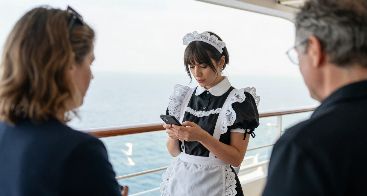 A bold and charismatic Female From Rome Italy, studied classical body aesthetics and figure drawing in their 22, seeking mentorship from older colleagues, wearing a french maid costume with black silk and white lace, checking a phone in a cruise ship deck.