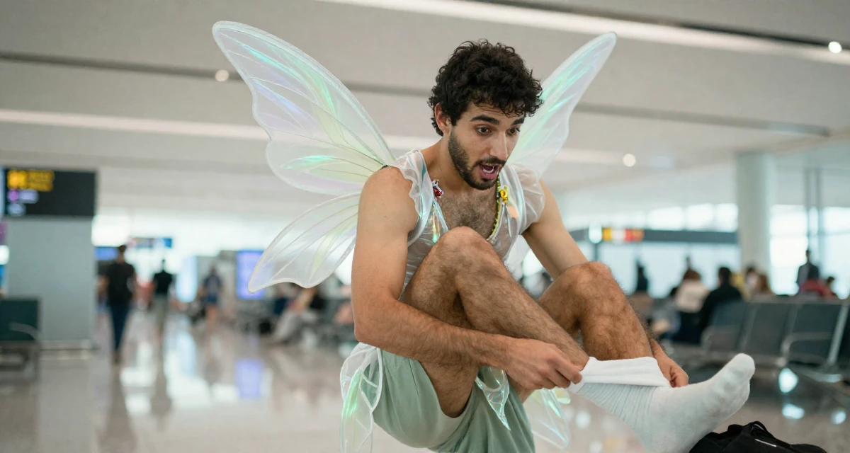 A wild male From Arabic-speaking world, studied interior architecture in their 23, experimenting with soft teasing videos, wearing a fairy costume with translucent iridescent wings, pulling up a sock in a airport terminal.