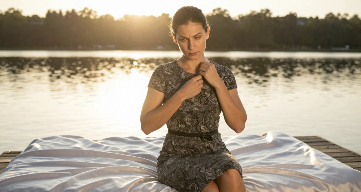 A seriously concentrated male Former pharmacist in training, now teaching wellness routines online in their 48, preparing for long-term financial planning, wearing a sophisticated midi dress, adjusting a collar in a lakeside dock.