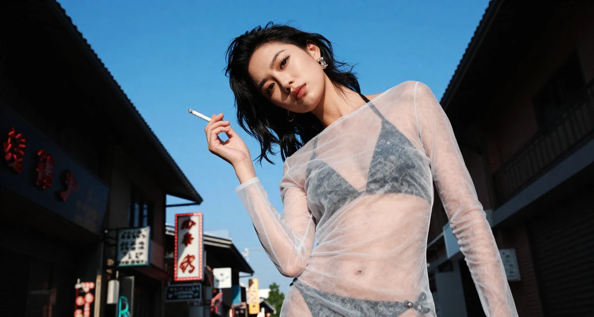 A ferocious Female Former fashion retail worker, now curating premium outfit inspiration in their 29, refusing to settle for mediocrity, wearing a semi-transparent beach cover-up dress, holding a cigarette (lit or unlit) in a neon-lit street.