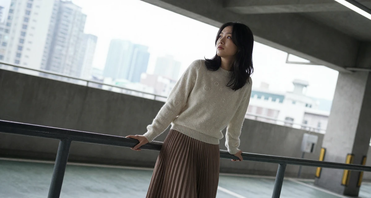 A gentle Female From Taiwan, based in Kaohsiung, graduated from an arts program majoring in intimate scene design in their 22, trying to look more professional than they feel, wearing a soft cashmere sweater and a pleated midi skirt, leaning on a railing in a underground parking garage.