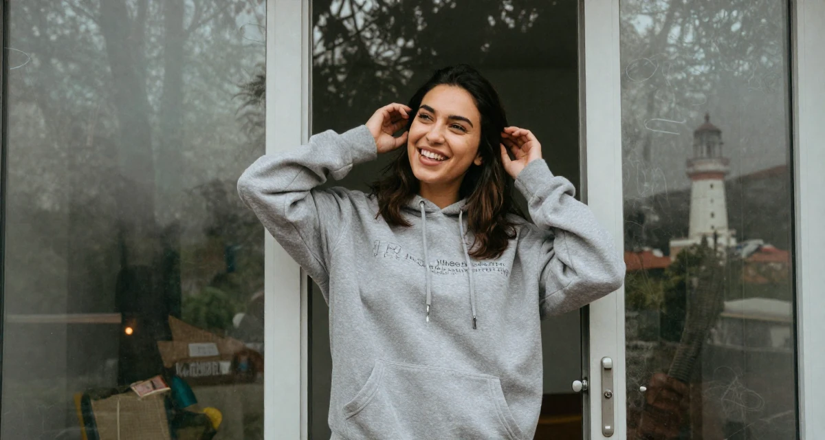 A upbeat Female From Athens Greece, studied philosophy in their 22, adjusting to the 9-to-5 routine after college, wearing a trendy oversized hoodie, tucking hair behind an ear in a dense misty forest.