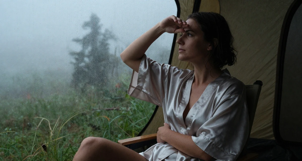 A reflective Female From Belgium, studied film production in their 25, becoming more intentional with time and focus, wearing a short silk robe tied loosely, shading eyes with a hand in a camping site.
