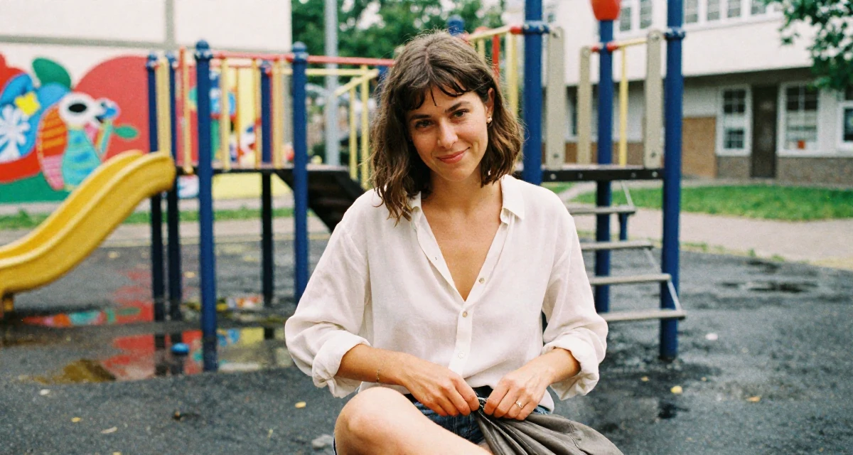 A gently amused Female From Belgium, majored in political science in their 30, learning that survival in creator economy requires brutal discipline, wearing a lightweight chiffon blouse slightly unbuttoned, zipping up a bag in a school playground.