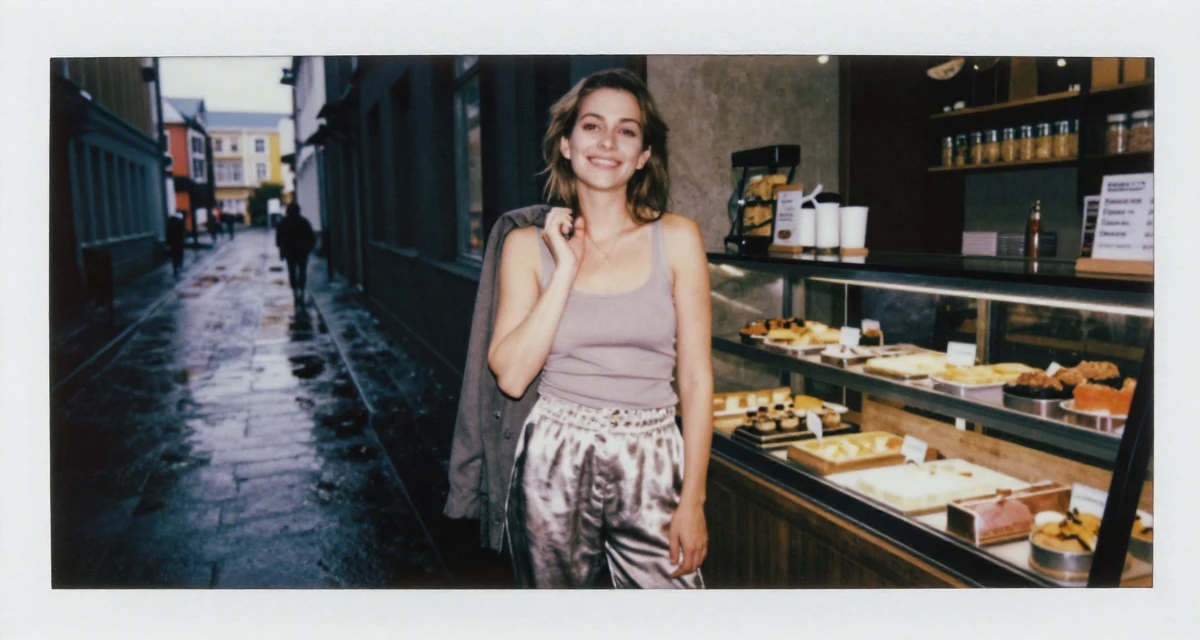 A happy Female Raised in Iceland, majored in creative digital strategy in their 25, setting long-term goals for subscriptions and renewals, wearing a loose silk trousers and a fitted tank top, holding a jacket over a shoulder in a bakery counter.