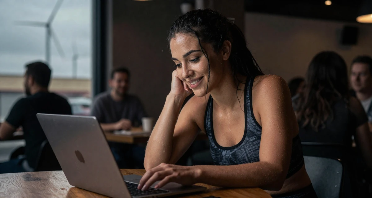 A zoned out Female From Las Vegas USA, learned burlesque performance and crowd engagement in their 25, learning to deal with unsolicited feedback online, wearing a sporty athleisure look, laughing softly in a cozy café.