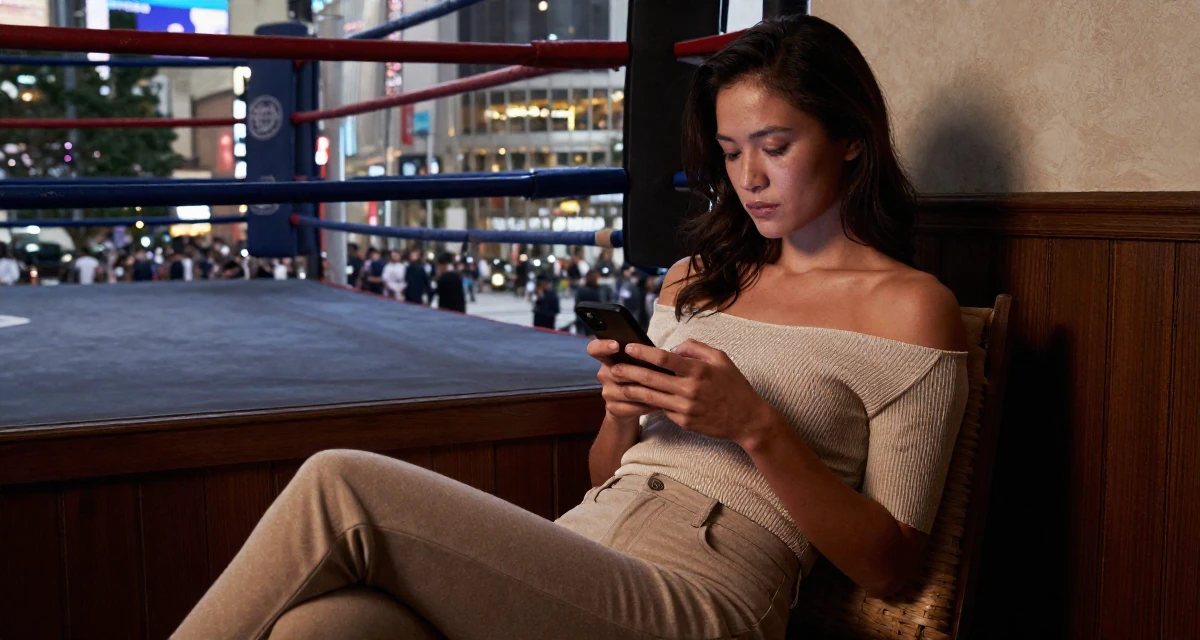 A relaxed and observant Female From Philippines, studied nursing before switching careers in their 22, struggling to stay inspired with limited resources, wearing a off-the-shoulder knit top and fitted trousers, texting with both thumbs in a boxing ring.