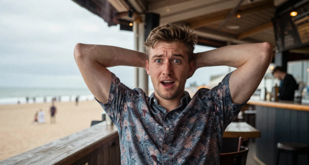 A anxious but excited male From the United Kingdom, based in Manchester, graduated from a city university majoring in marketing strategy in their 24, planning seasonal or holiday-themed drops, wearing a relaxed fit patterned shirt, clasping hands together in a beach bar.