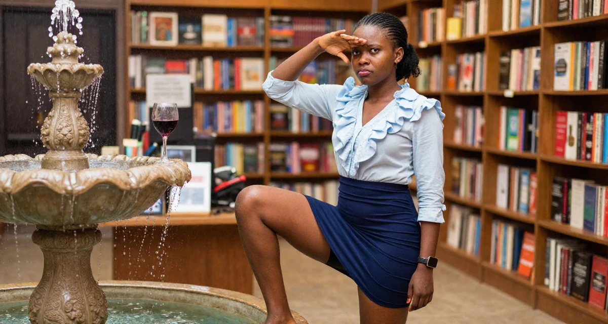 A sarcastic Female From Zambia, majored in marketing communication in their 25, upgrading equipment slowly as earnings grow, wearing a ruffled blouse tucked into a tight mini skirt, shading eyes with a hand in a bookstore aisle.