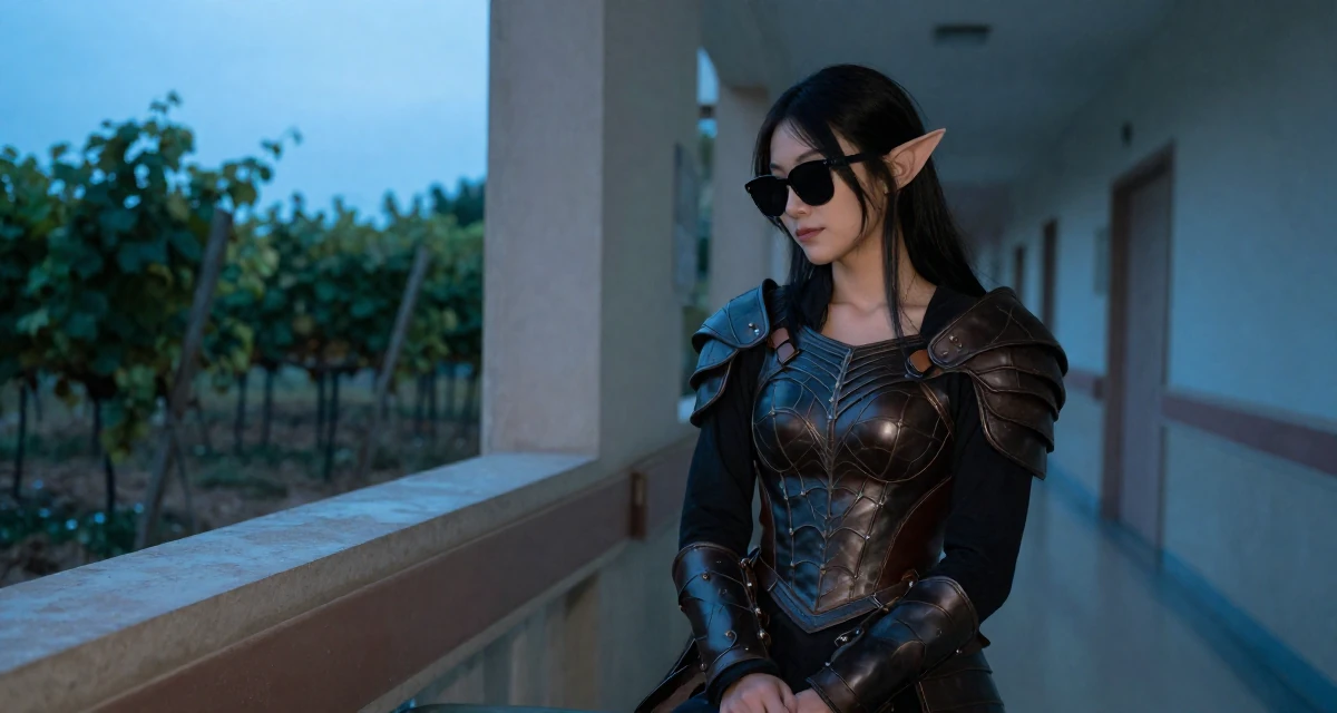 A charming Female Former café waitress, now documenting daily aesthetics for fans in their 23, learning to express sensuality without crossing personal limits, wearing a dark elf leather armor with spiderweb motifs, lowering sunglasses to look out in a hospital corridor.