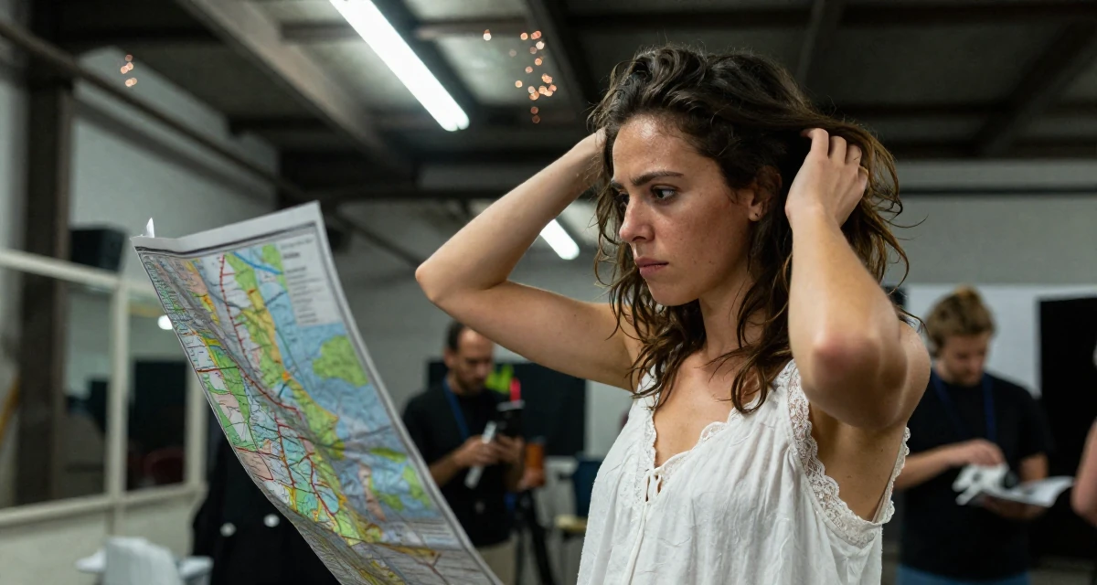 A impatient Female From Madrid Spain, studied sensual dance and camera presence in their 22, realizing that “overnight success” is a lie, wearing a white cotton nightgown with lace details, looking at a map in a industrial warehouse.