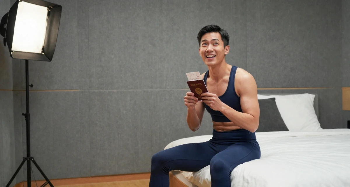 A upbeat male From Hong Kong, studied digital media arts in their 21, full of rebellious spirit and curiosity, wearing a form-fitting athletic set with a sports bra and leggings, holding a passport or ticket in a recording booth.