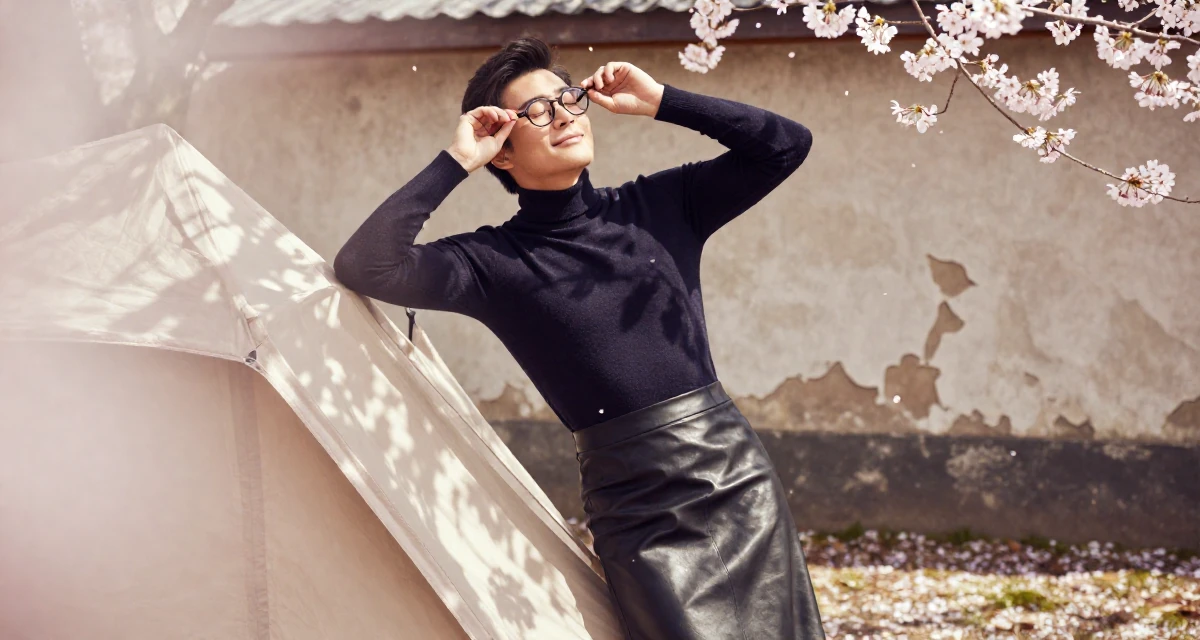 A sweet male From USA, majored in communications at a state university in their 24, leaning into confidence as a form of creative expression, wearing a fitted turtleneck and a leather midi skirt, pushing glasses up the nose in a camping site.