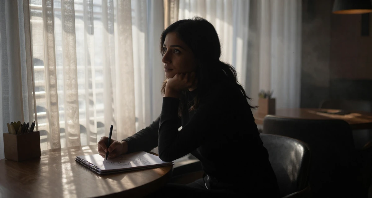 A reflective Female Grew up in Nepal, majored in marketing analytics in their 32, managing long-distance relationship, wearing a monochromatic black outfit, sketching on a pad in a cozy café.