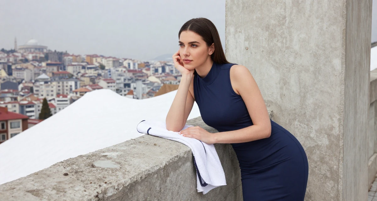 A relaxed and observant Female From Istanbul Türkiye, studied interior design in their 25, becoming more selective with fan interactions, wearing a mock neck sleeveless top and a pencil skirt, holding a gym towel in a snowy mountain peak.