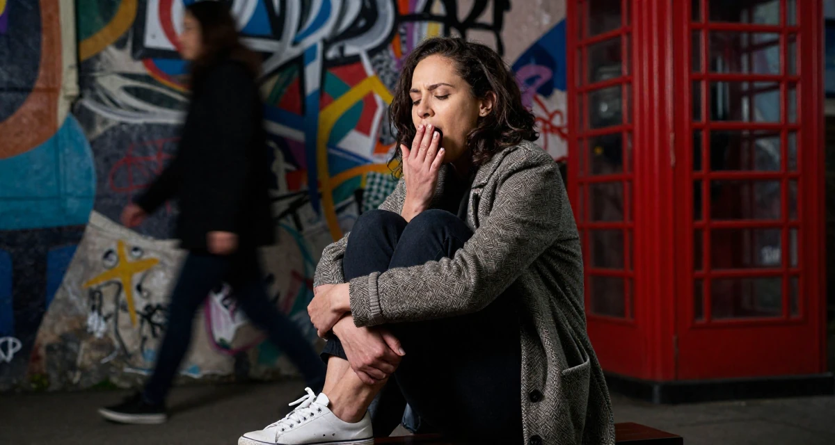 A teasing Female Born in South Africa, studied political communication in their 46, transitioning from employee to founder, wearing a tailored coat with casual sneakers, yawning discreetly in a graffiti art wall.