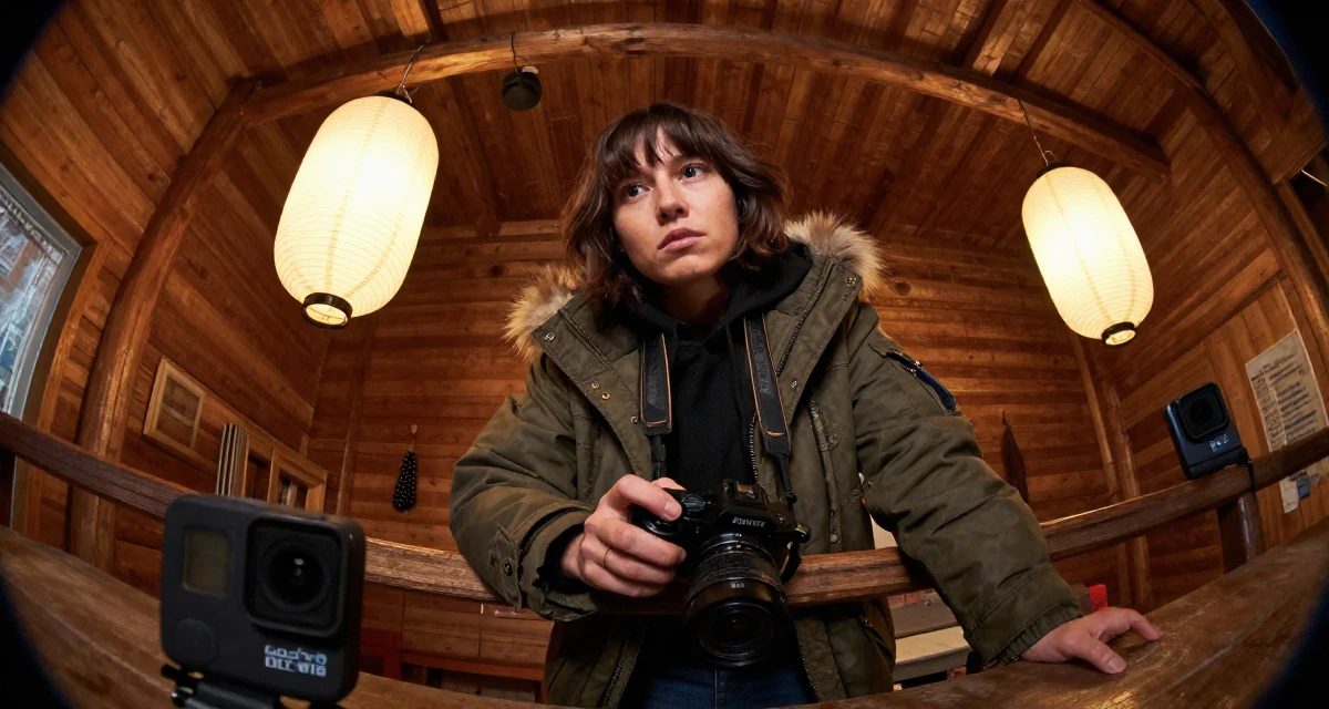A wistful Female Once a warehouse picker, now building a creator brand from scratch in their 24, leaning into confidence as a form of creative expression, wearing a stylish parka jacket, holding a camera in a rustic wooden cabin interior.