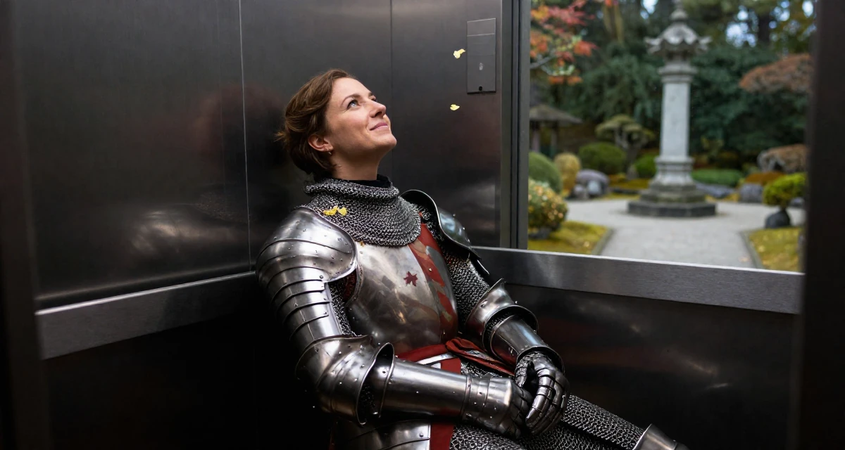 A hopeful Female From Austria, majored in music theory in their 25, embracing solitude and self-discovery, wearing a female knight armor with a tabard and chainmail, catching a falling flower petal in a corporate elevator.