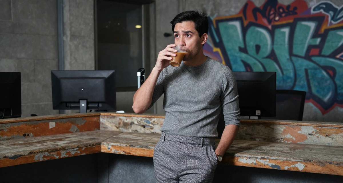 A awestruck male From Philippines, studied nursing before switching careers in their 38, handling long working hours with discipline, wearing a fitted ribbed top and a check pattern skirt, sipping a warm drink in a radio station.