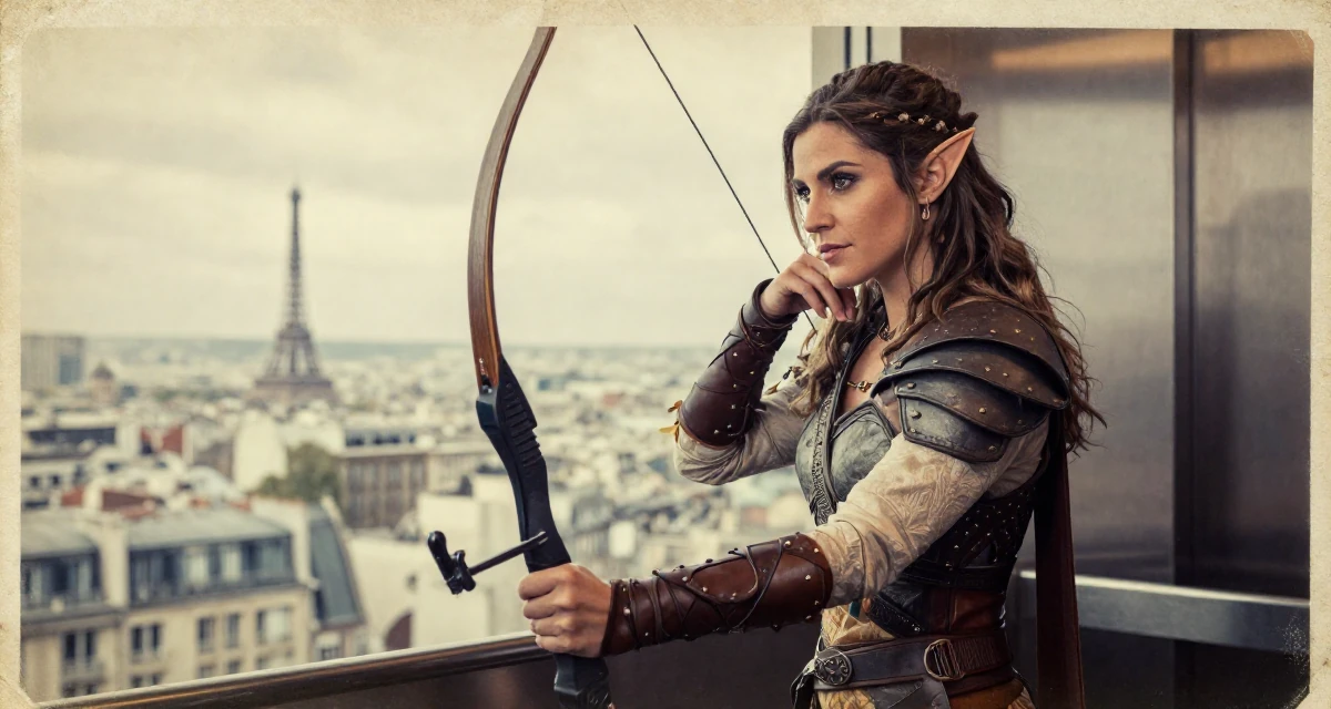 A self-assured Female From Brazil, trained in digital cinematography in their 23, adjusting pricing after analyzing monthly performance, wearing a fantasy elven archer outfit with leather armor details, brushing off dust in a elevator hall.