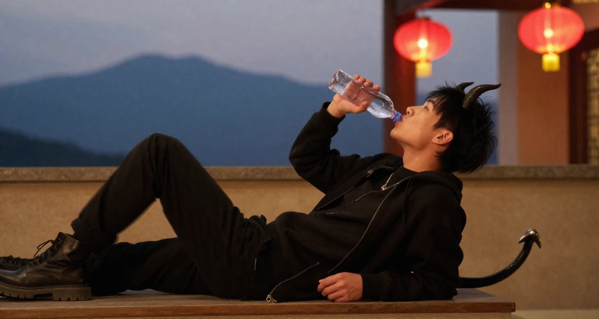 A content male Previously a music major, now offering exclusive performance clips in their 21, feeling lonely despite being constantly online, wearing a demon girl outfit with horns and a spiked tail, drinking from a water bottle in a hotel lobby.