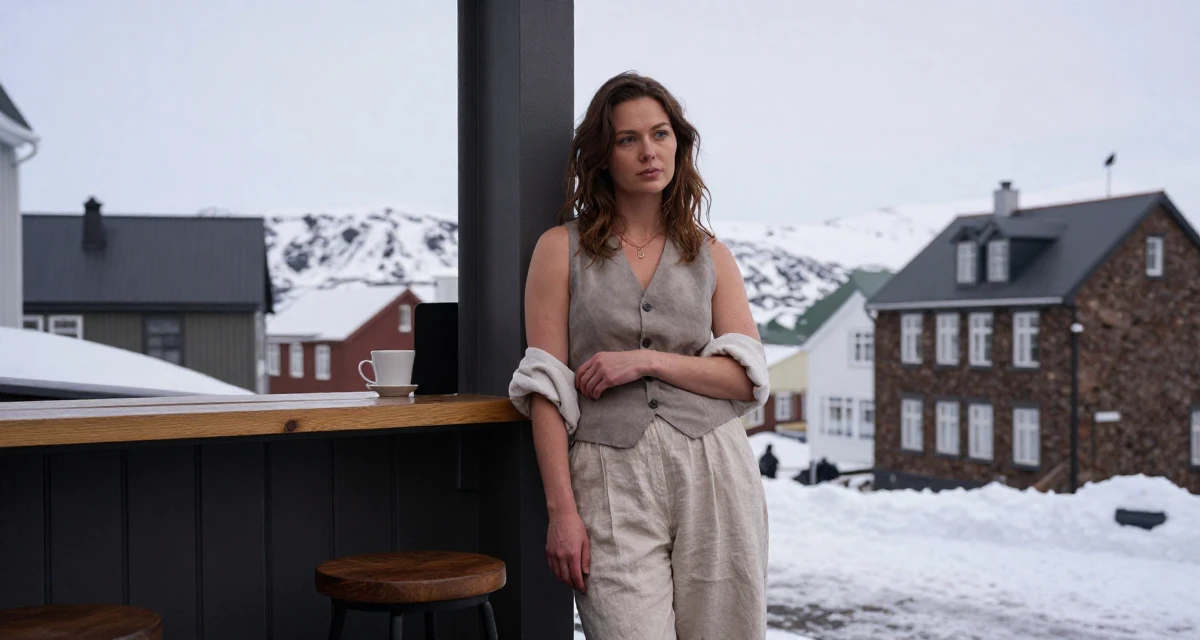 A thoughtfully silent Female From Iceland, based in Hafnarfjörður, graduated from an arts academy majoring in intimate creative expression in their 26, learning to endure hate comments quietly, wearing a sleeveless vest top and wide-leg linen pants, rolling up sleeves in a snowy mountain peak.