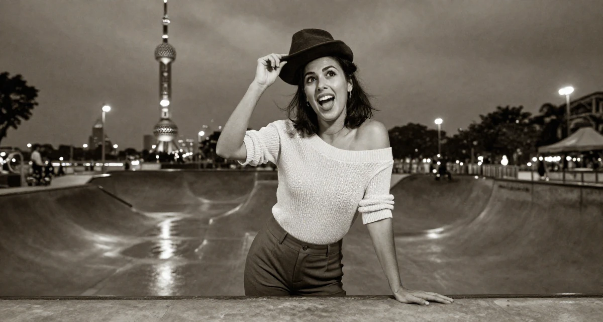 A playful and energetic Female From Singapore, has a degree in business management in their 31, starting fitness journey, wearing a off-the-shoulder knit top and dress pants, tipping a hat in a skate park.