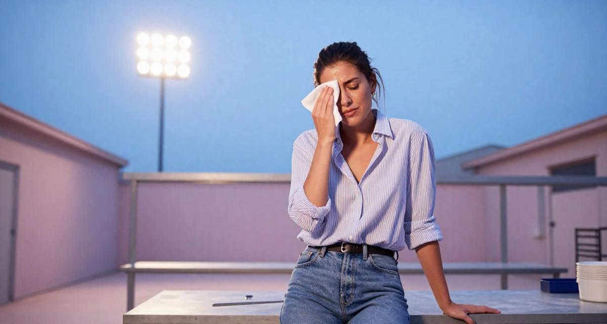 A spirited Female From Marseille France, majored in culinary arts in their 25, treating sensual creativity as a serious artistic craft, wearing a classic striped shirt and jeans, wiping sweat from the brow in a industrial warehouse.