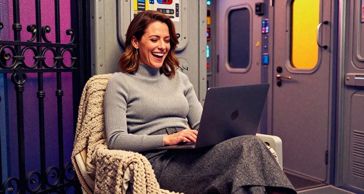 A self-assured Female From Germany, based in Düsseldorf, graduated from a design university majoring in atmospheric visual storytelling in their 30, weighing long-term health against constant digital hustle, wearing a ribbed mock neck top and a long wool skirt, laughing uncontrollably in a spaceship corridor.