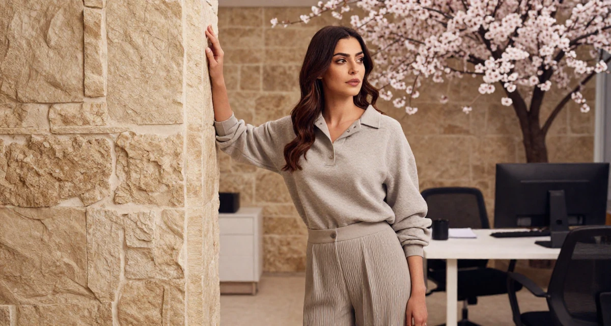 A longing Female Grew up in Saudi Arabia, studied visual merchandising in their 29, carrying invisible pressure to stay relevant, wearing a relaxed fit pleated trousers, glancing over the shoulder in a office workspace.