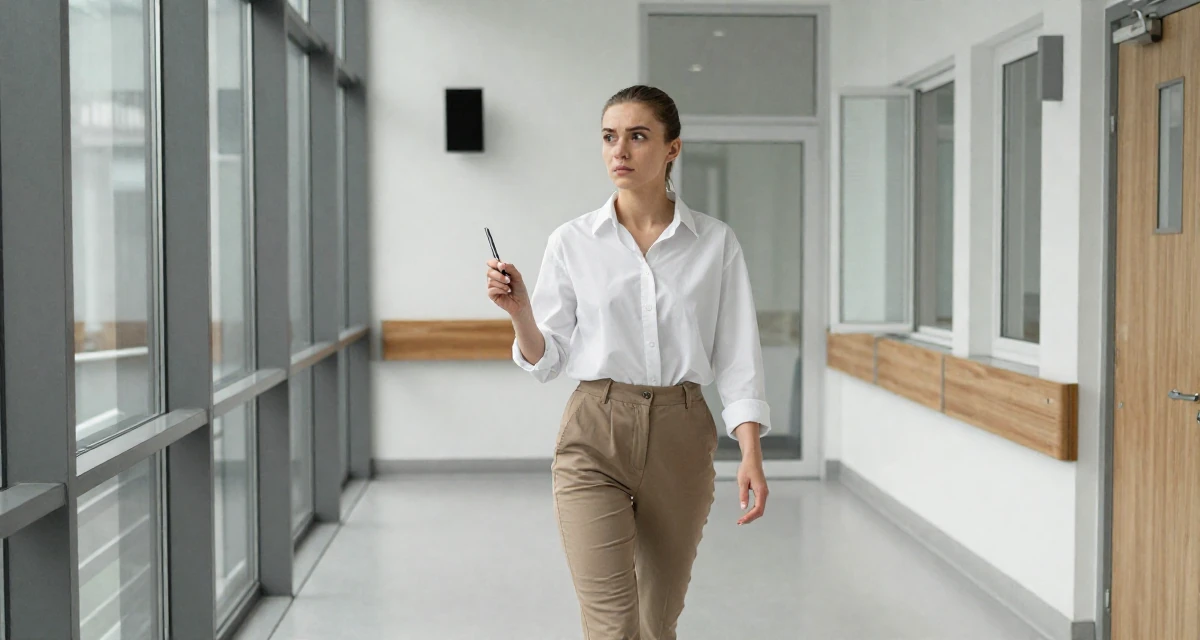 A curious Female From Moscow Russia, trained in rhythmic gymnastics and body control in their 23, feeling pressure to figure life out quickly, wearing a crisp white shirt and chinos, holding a pen poised to write in a hospital corridor.