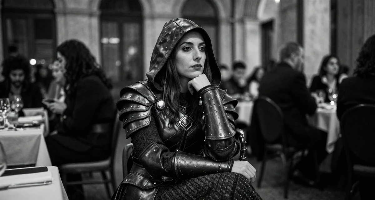 A zen-like Female From Italy, studied product design in their 33, documenting a weight loss and health journey, wearing a fantasy rogue leather armor with a hood, fixing the hem of a skirt in a banquet hall.