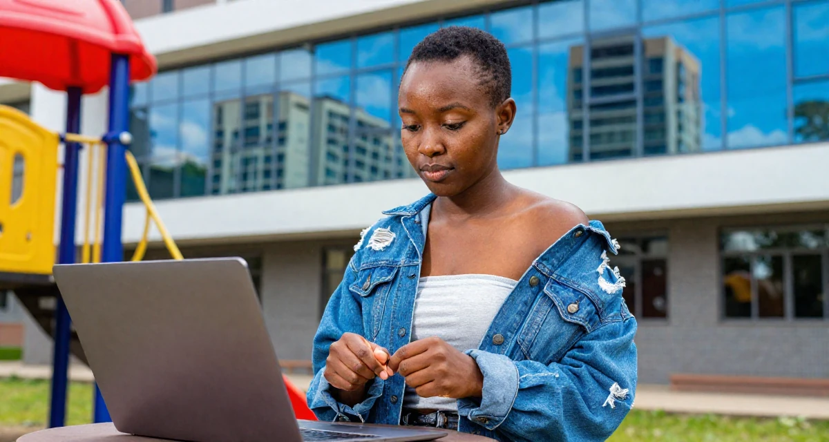 A calm and confident Female From Zimbabwe, studied computer programming in their 25, forcing productivity during slow months, wearing a denim jacket worn off-shoulder over a tube top, cracking knuckles in a school playground.