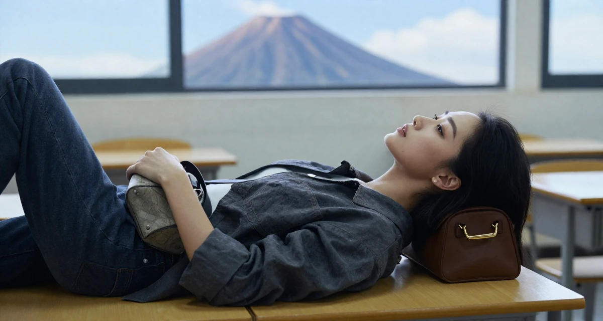 A cold and distant Female From Guangzhou China, learned fashion styling through studio work in their 20, experiencing the first taste of freedom away from home, wearing a comfortable urban casual outfit, holding a purse tightly in a classroom setting.