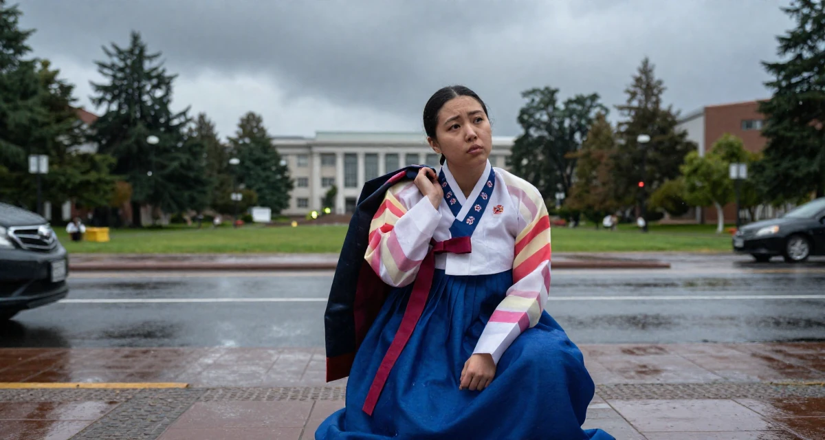 A exhausted Female From Chile, majored in international business at a private university in their 23, wondering if this hustle is worth the stress, wearing a traditional hanbok modified for a modern look, holding a jacket over a shoulder in a university campus.