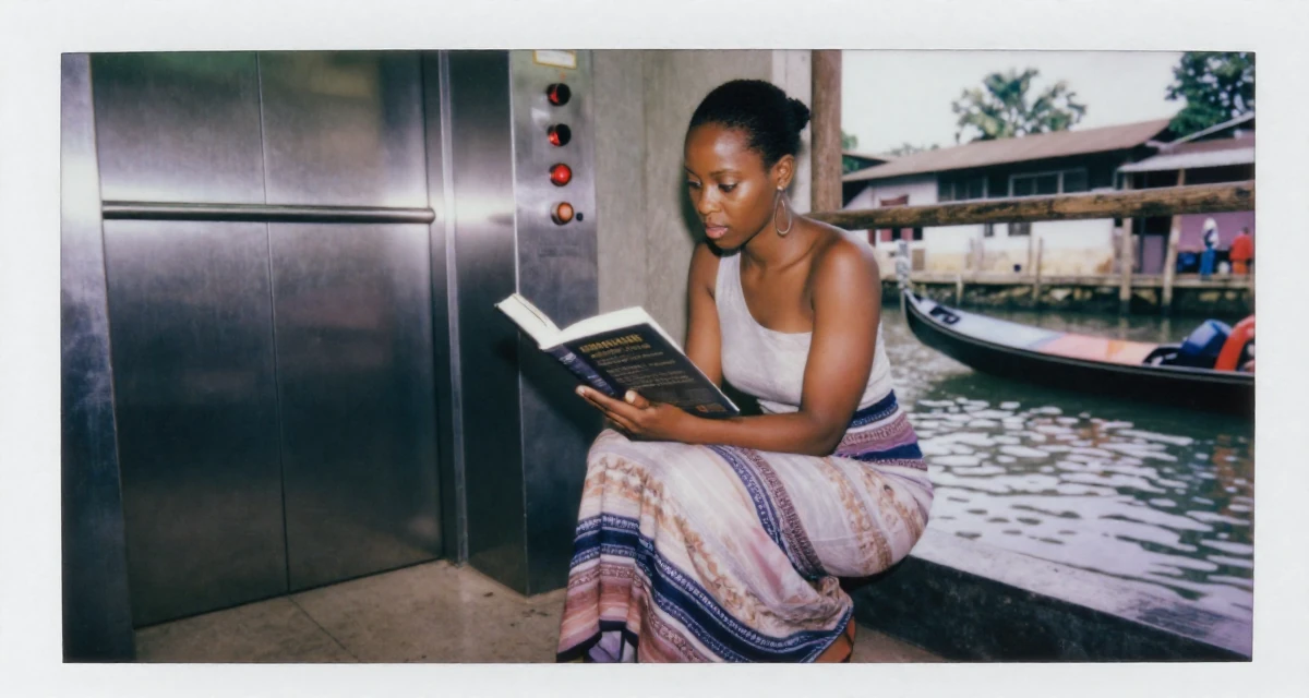 A curious and focused Female From Nigeria, studied biomedical science in their 34, redefining what success means personally, wearing a flowing maxi skirt and top, reading a book intently in a tv set.