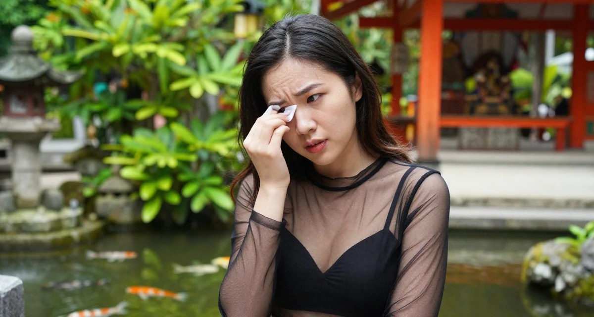 A cheeky Female From Vietnam, based in Nha Trang, graduated from a media school majoring in soft-romantic content direction in their 22, confronting self-doubt in early career roles, wearing a sheer mesh top layered over a black bralette, wiping sweat from the brow in a Japanese Shinto shrine.